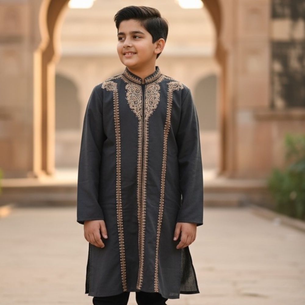 Black Embroidered Kurta  Handcrafted Details, Size 11/Teen Tunic